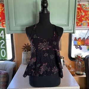 AMERICAN Rag Cie 1984 racer style crop top matrix floral on black background Med